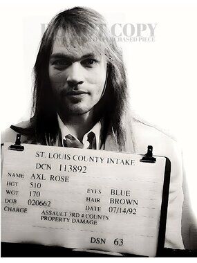 Axl Rose Mugshot Photograph 8 X 10 | Rare 1992 Mug Shot Picture | Poster Print